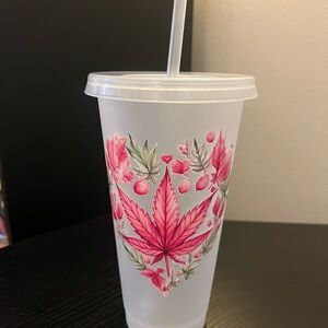 Custom Floral Pink Leaf Tumbler with Straw